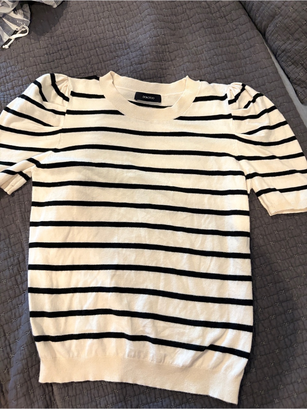 Cream & Black Striped Puff Sleeve Crew Sweater